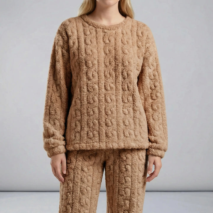 Model wearing stylish womens pyjamas for relaxing at home in total comfort
