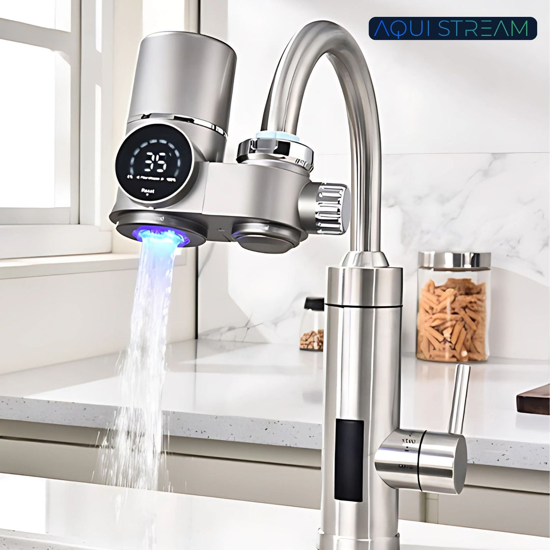 Digital UV water purifier attached to a kitchen faucet with running water