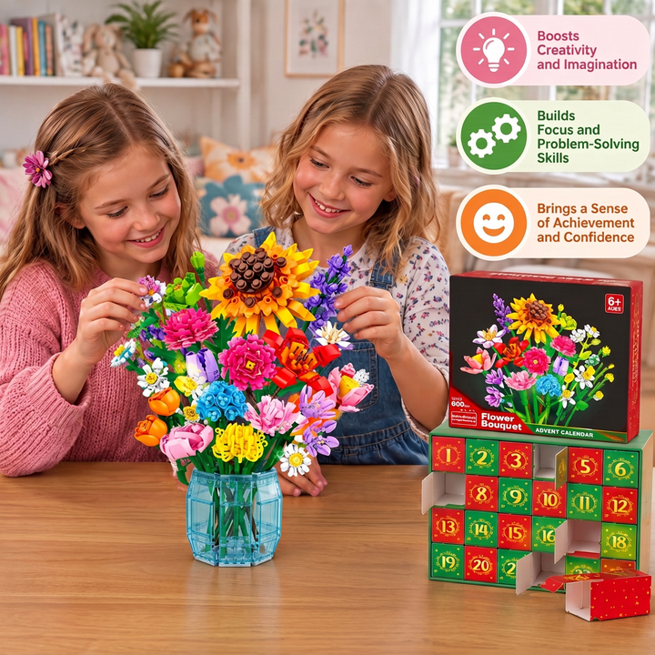 Educational toy building blocks set arranged as a festive flower bouquet
