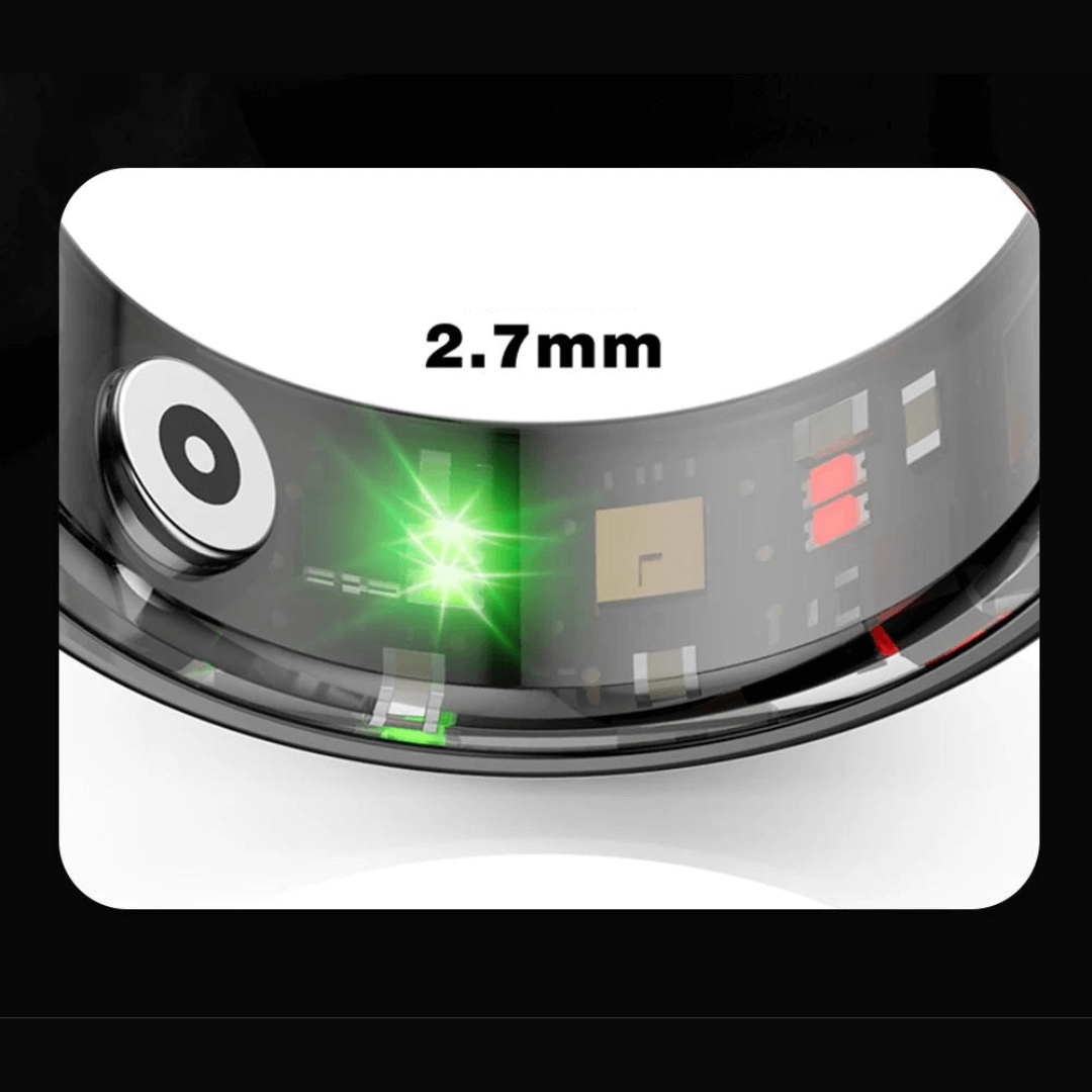 Unisex titanium smart ring resting next to its charging case