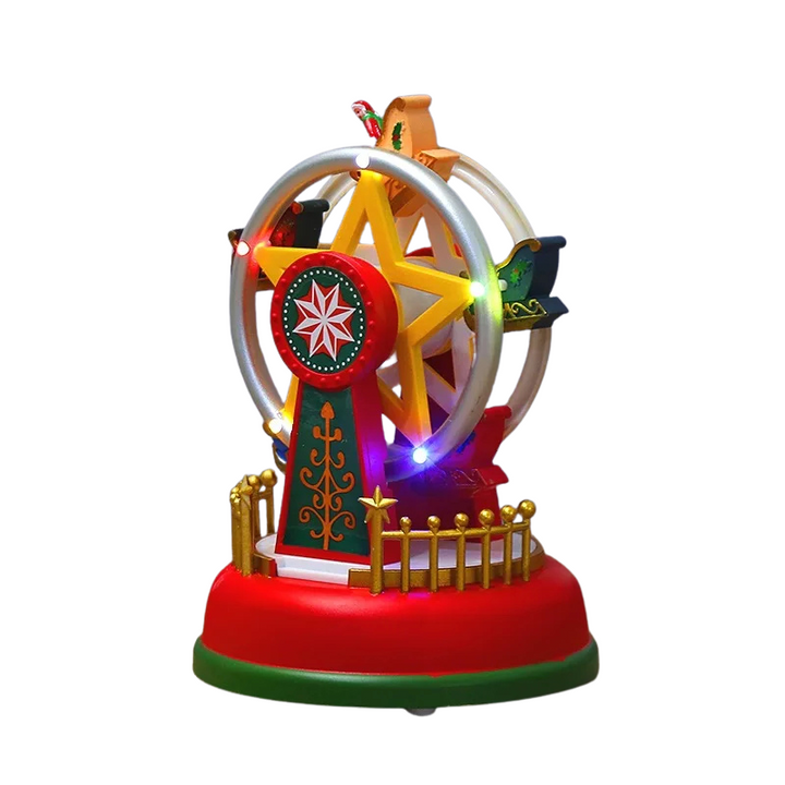Close-up of the light-up winter village Christmas Ferris wheel holiday decor piece