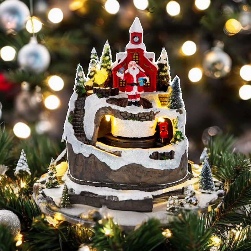 Illuminated musical Christmas village displayed among holiday lights