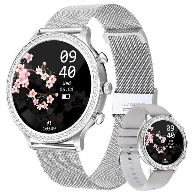 Close-up of smartwatch digital clock face featuring customizable themes