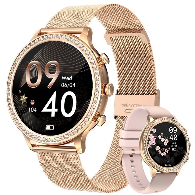 Rose gold SmartPulse smartwatch with crystal bezel and mesh band alongside pink strap version