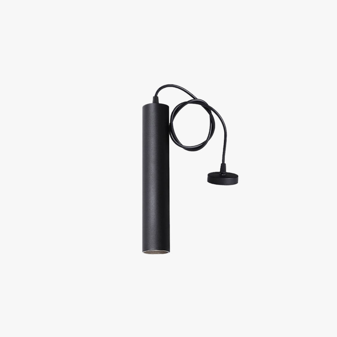 Modern black cylindrical pendant lamp hanging against a neutral background
