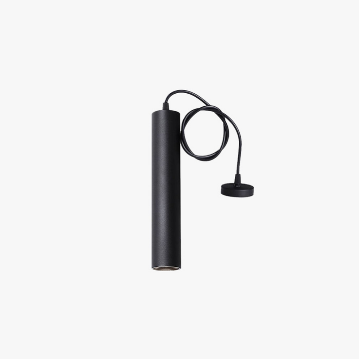 Modern black cylindrical pendant lamp hanging against a neutral background
