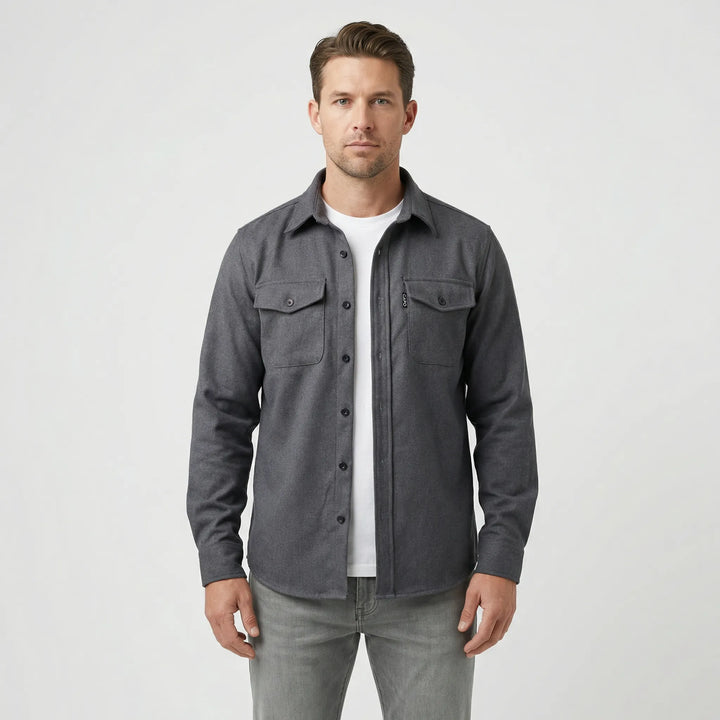 Collar detail of mens casual button-down jacket and overshirt
