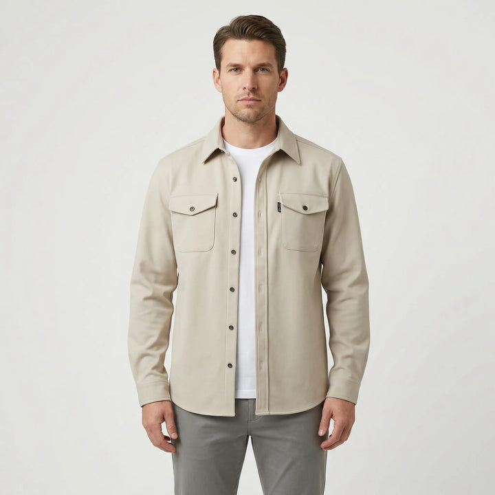 Close-up of chest pockets on a mens casual button-down overshirt