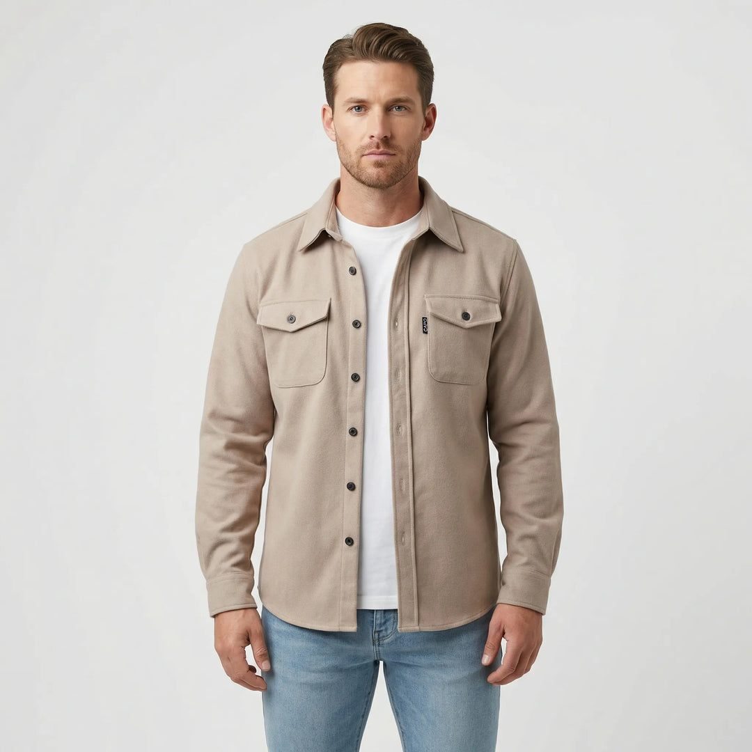 Detailed view of sleeve cuffs and stitching on mens long sleeve shirt