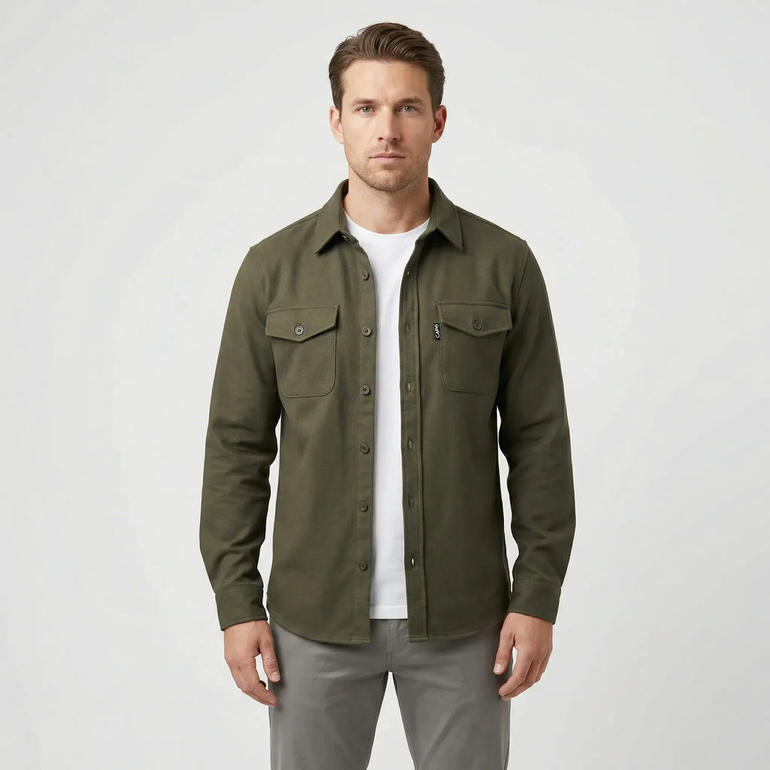 Fabric texture and button detail on mens long-sleeved overshirt