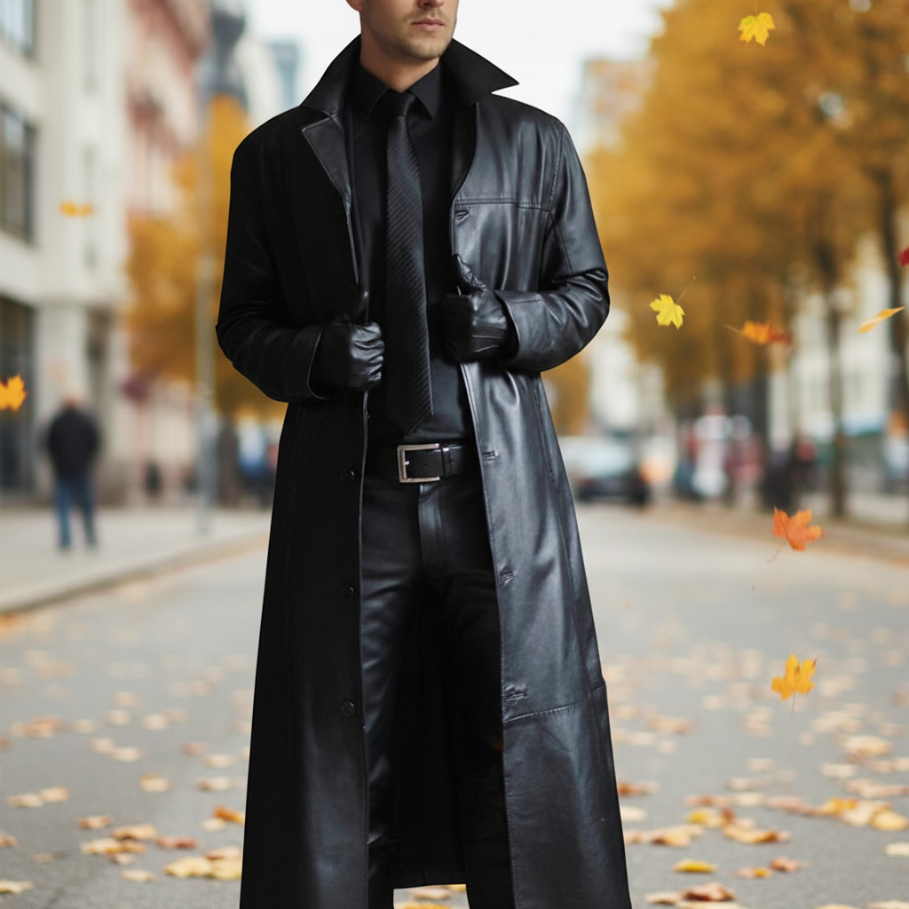 Man wearing a long black trench coat outdoors during autumn