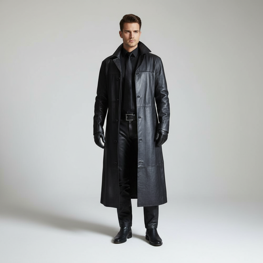 Full-body view of a man standing in a long black coat against a neutral background