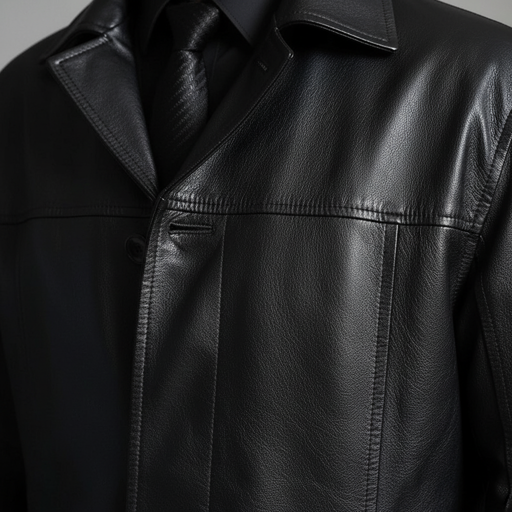 Close-up view of the collar and button details on the black coat