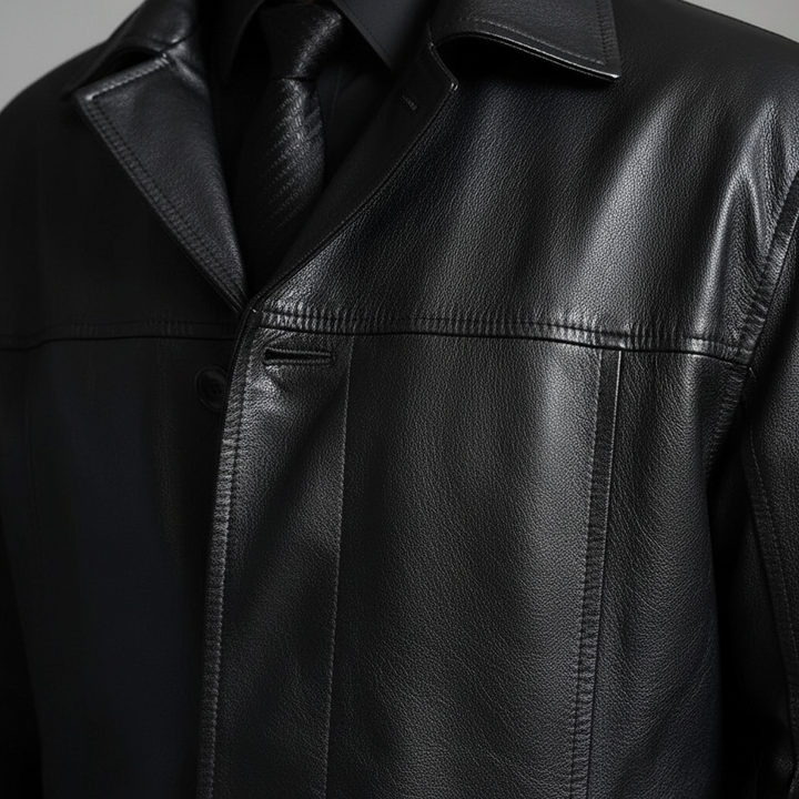 Close-up view of the collar and button details on the black coat
