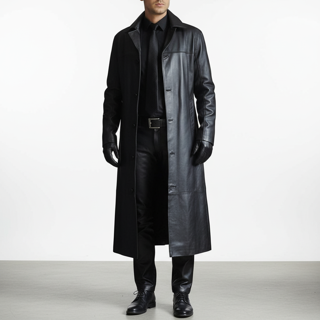 Back view of men's long black trench coat showing tailored fit and stylish winter outerwear design