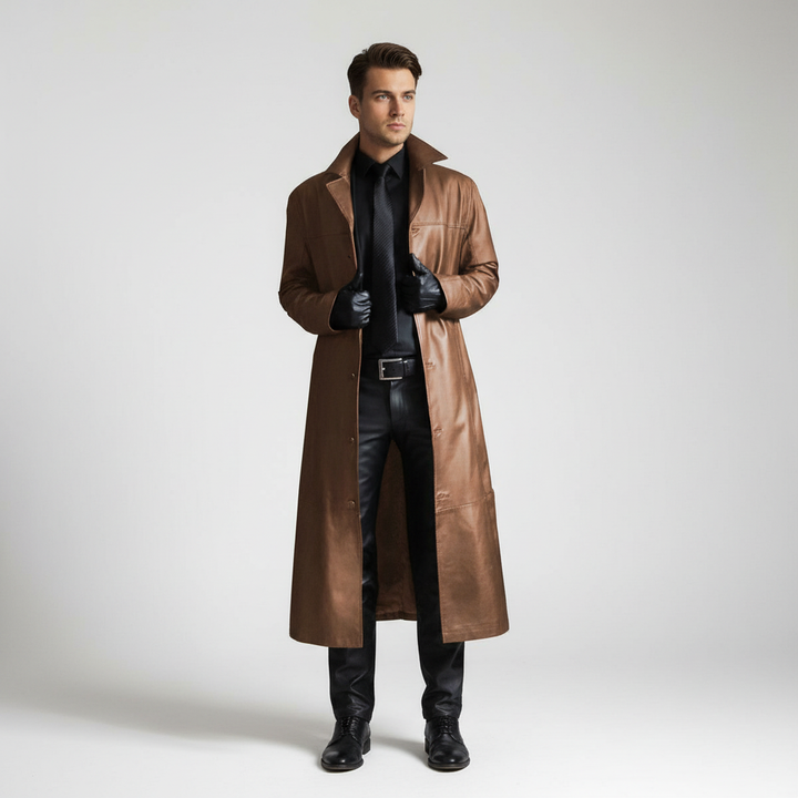 Men's long trench coat styled casually as a versatile black jacket for daily wear