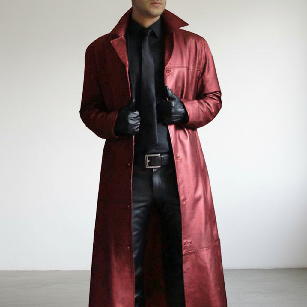 Full-length view of men's winter outerwear trench coat in classic black for formal occasions