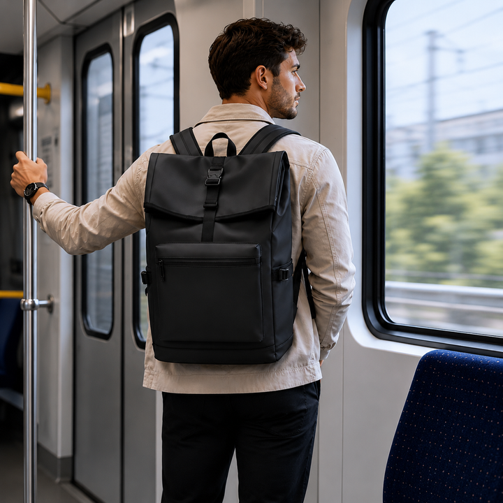 Minimalist black backpack styled for urban commuting and professional use