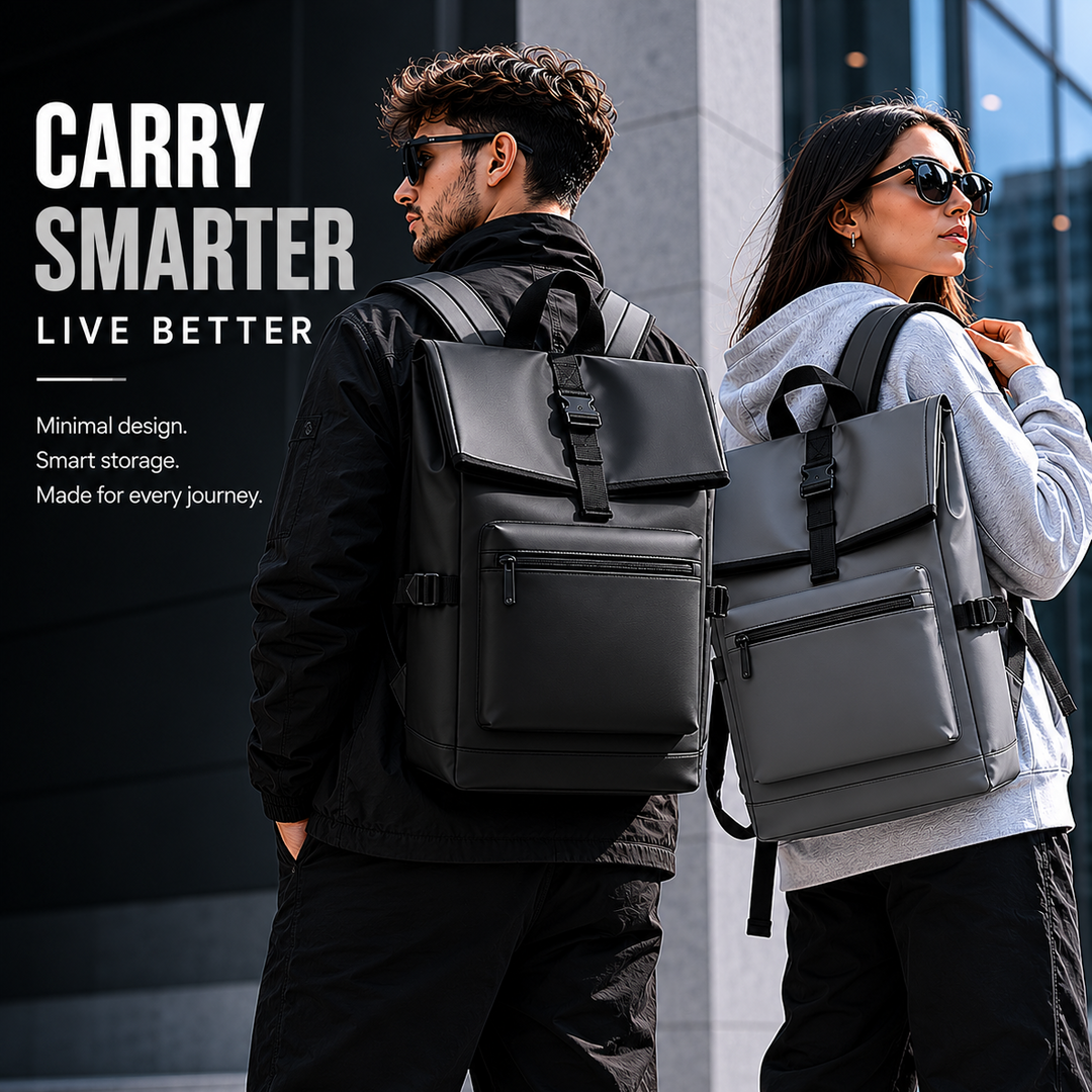 Man and woman showcasing black and gray roll-top commuter backpacks
