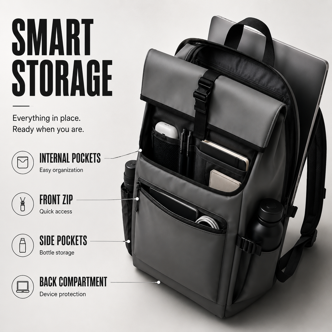 Unisex minimalist roll-top commuter backpack in sleek black water-resistant fabric
