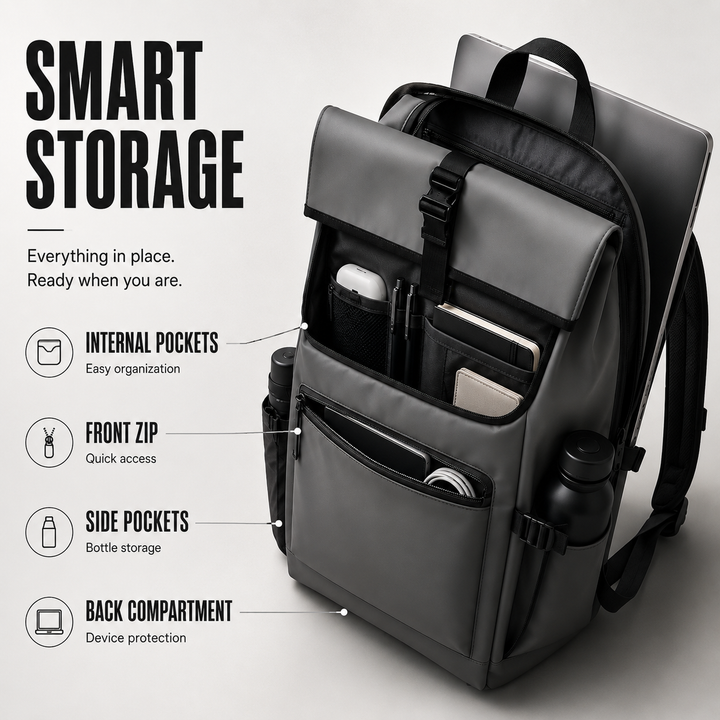 Unisex minimalist roll-top commuter backpack in sleek black water-resistant fabric