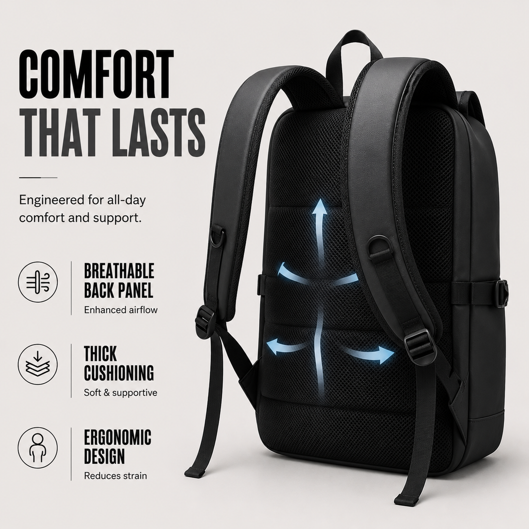 Side profile of the travel bag showing adjustable straps and slim commuter profile