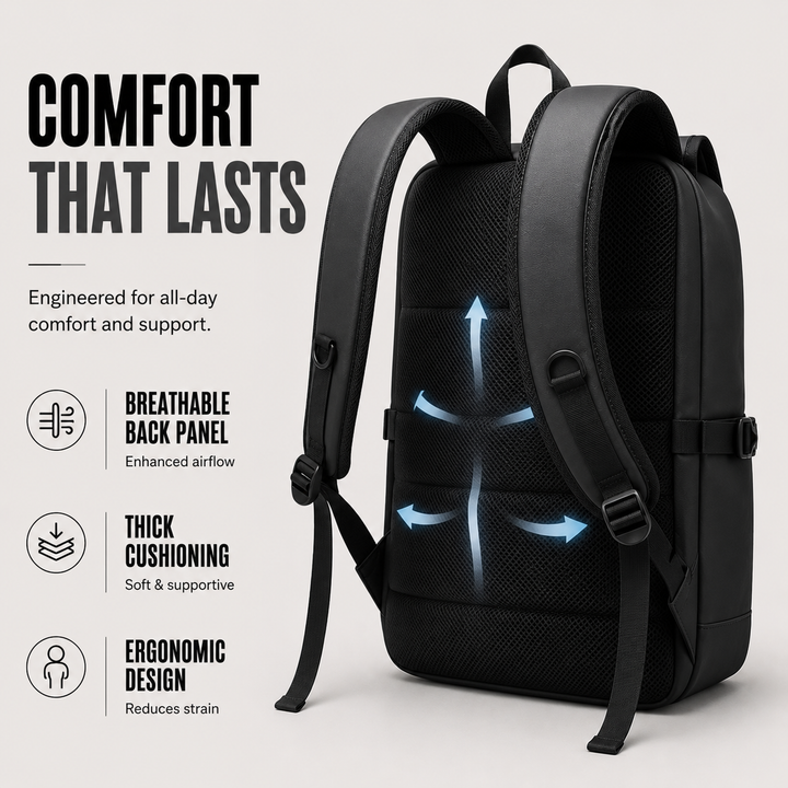 Side profile of the travel bag showing adjustable straps and slim commuter profile