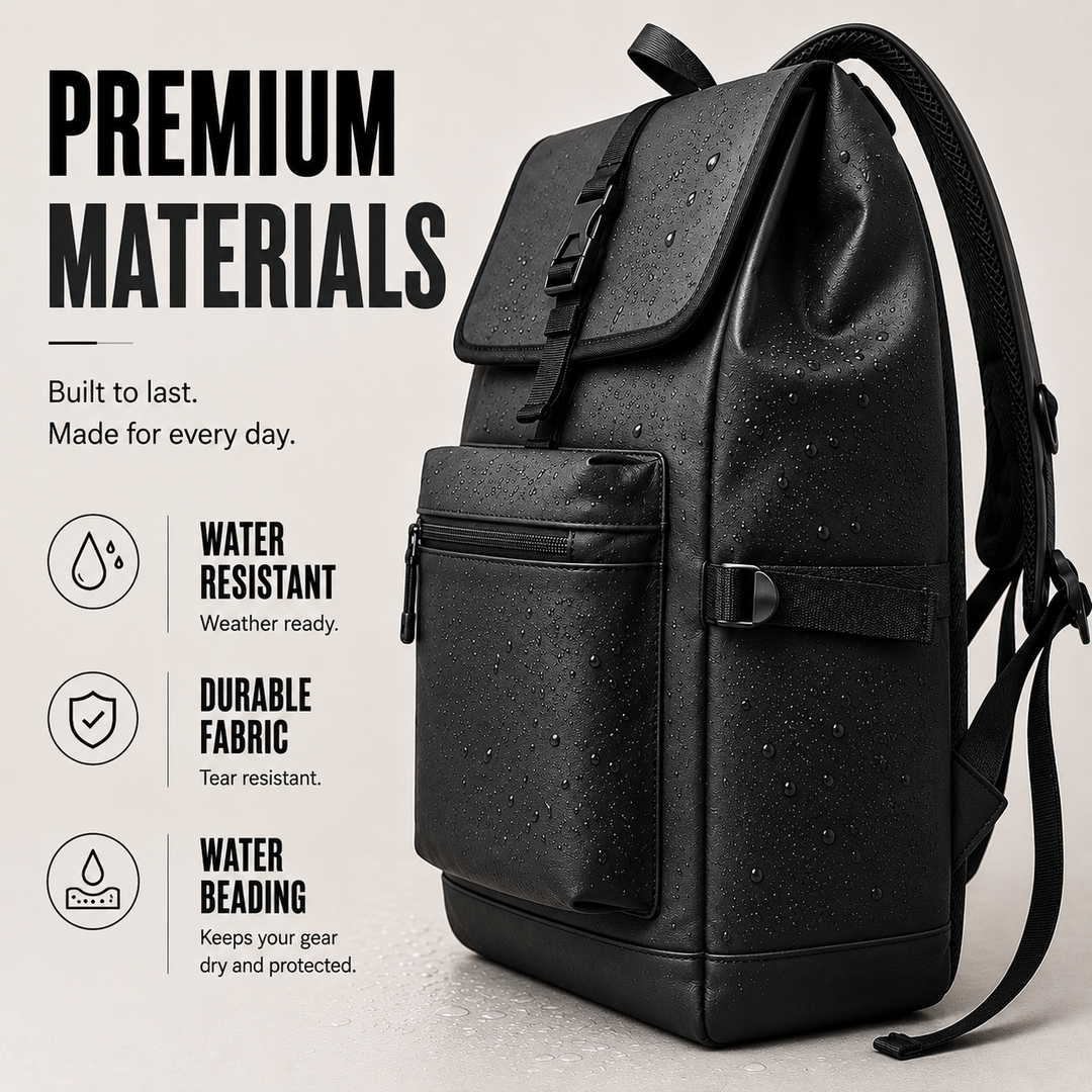 Close-up view of the black commuter backpack highlighting water-resistant finish