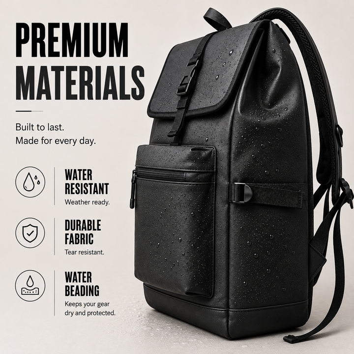 Close-up view of the black commuter backpack highlighting water-resistant finish