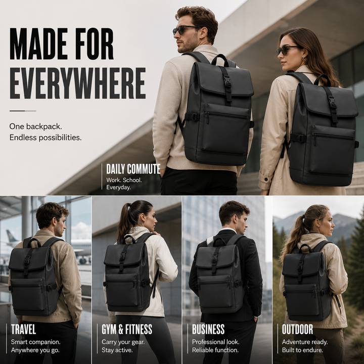 Close-up of the roll-top closure mechanism on the minimalist laptop backpack