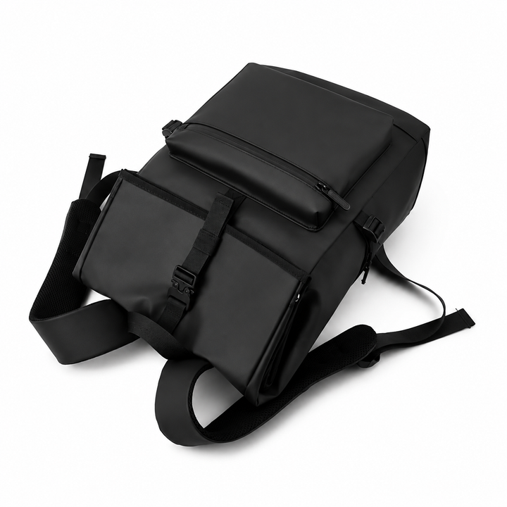 Back view of the unisex backpack featuring breathable padded shoulder straps