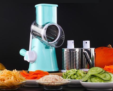 Multifunctional vegetable slicer showing interchangeable stainless steel blades for easy meal prep