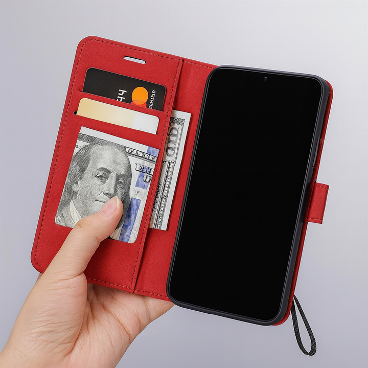 Red leather flip wallet phone case showing interior card slots and cash pocket