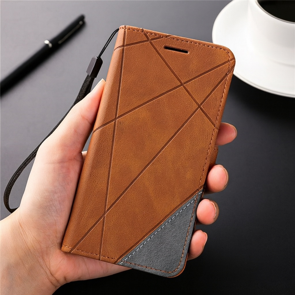 Brown leather flip wallet phone case closed with attached wrist strap