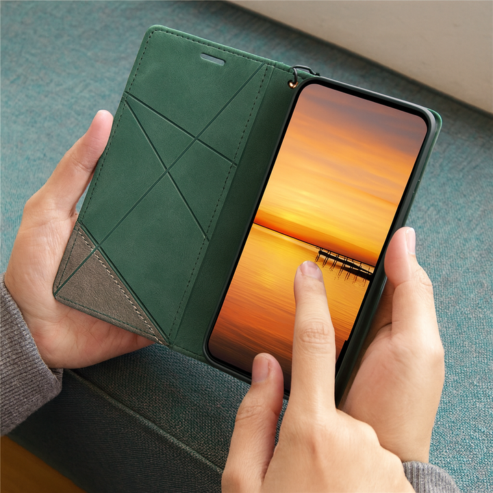 Green leather flip wallet phone case opened while being held in hands
