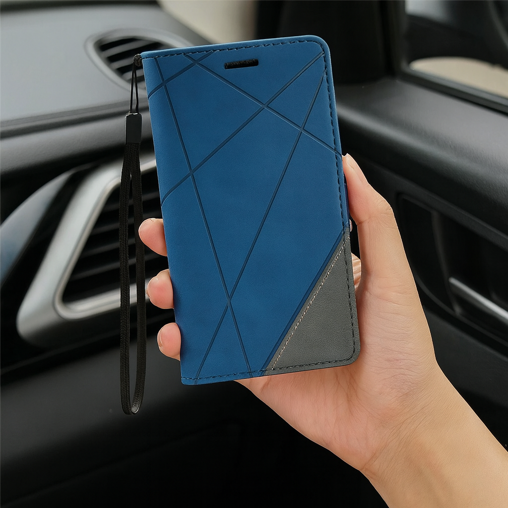 Black flip wallet phone case showing inner card holder pockets