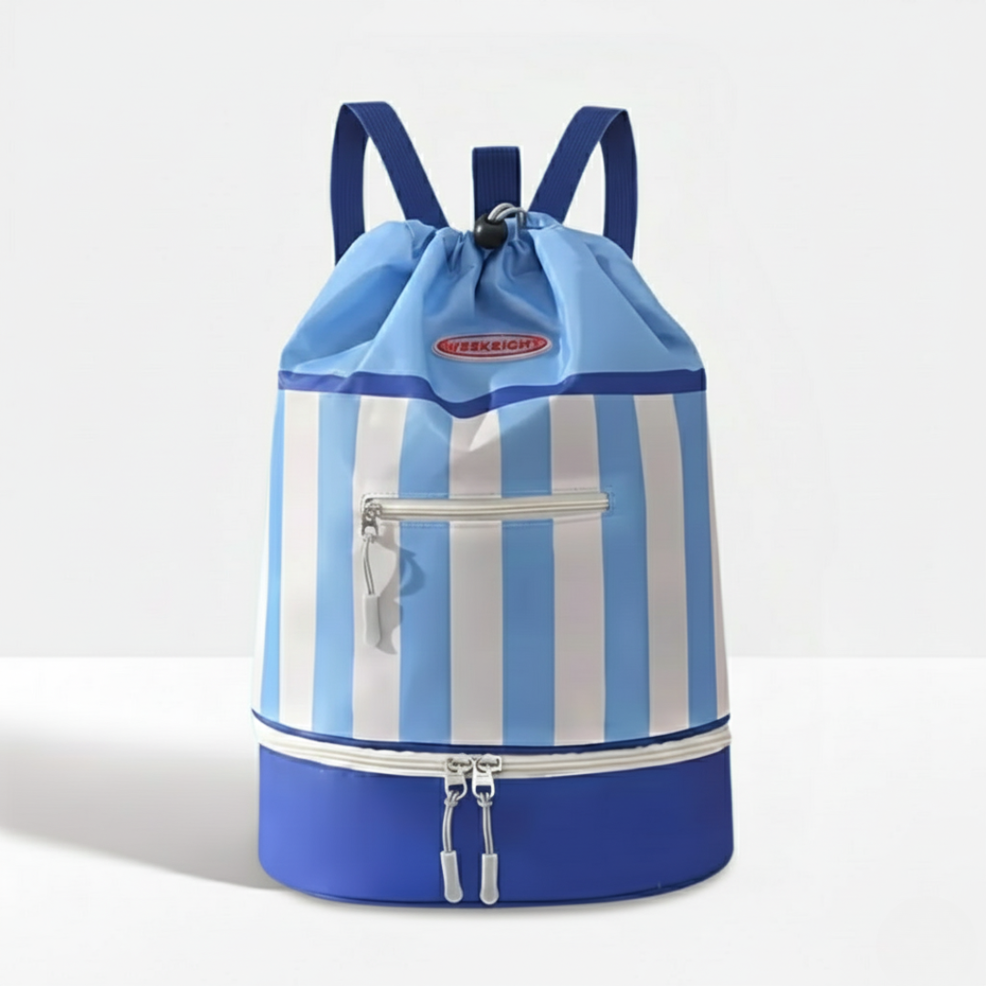 Light blue and white striped waterproof swim bag standing upright