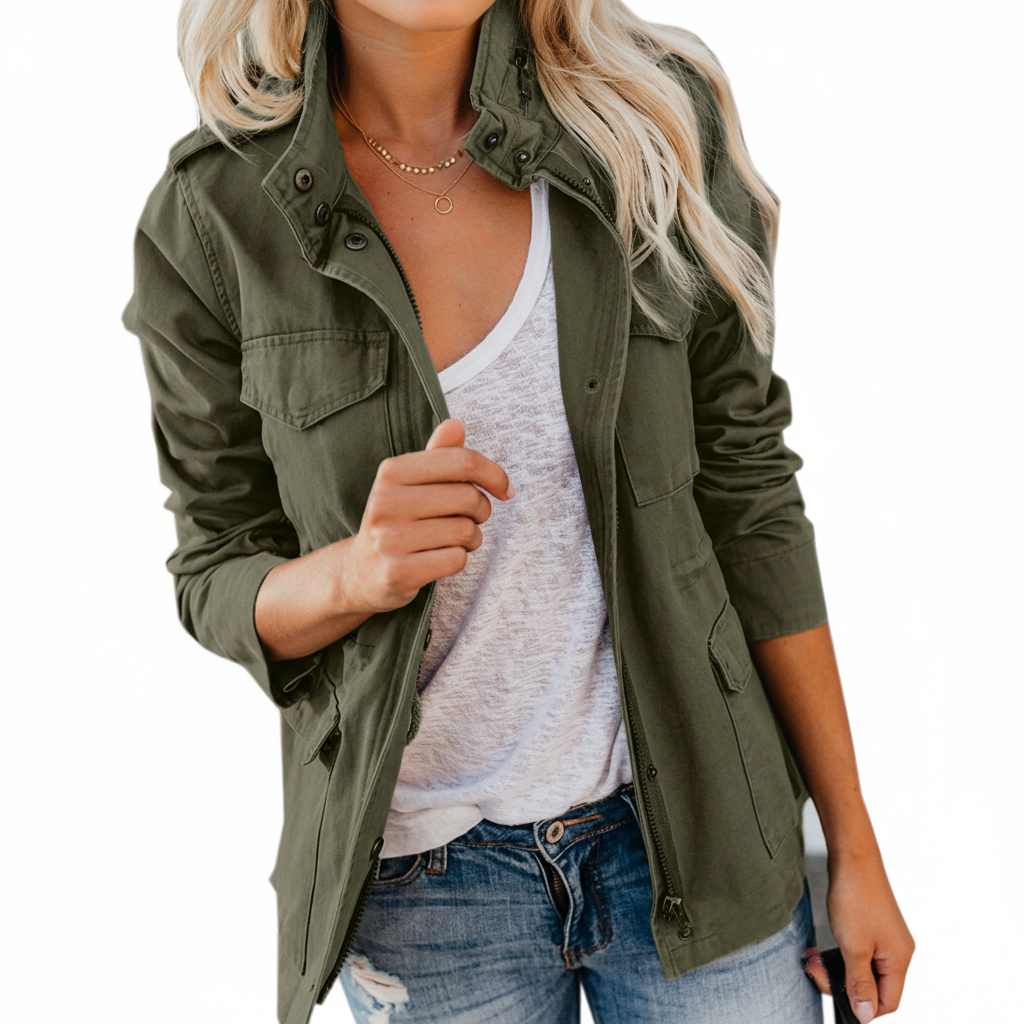 Studio shot of a woman in an olive green utility jacket against a white background