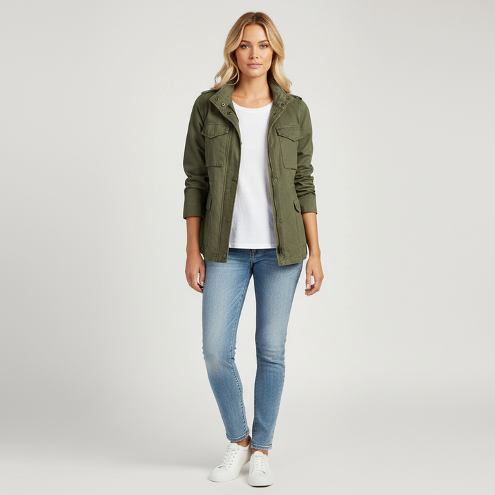 Casual olive green utility jacket showcasing front button closure and chest pockets.