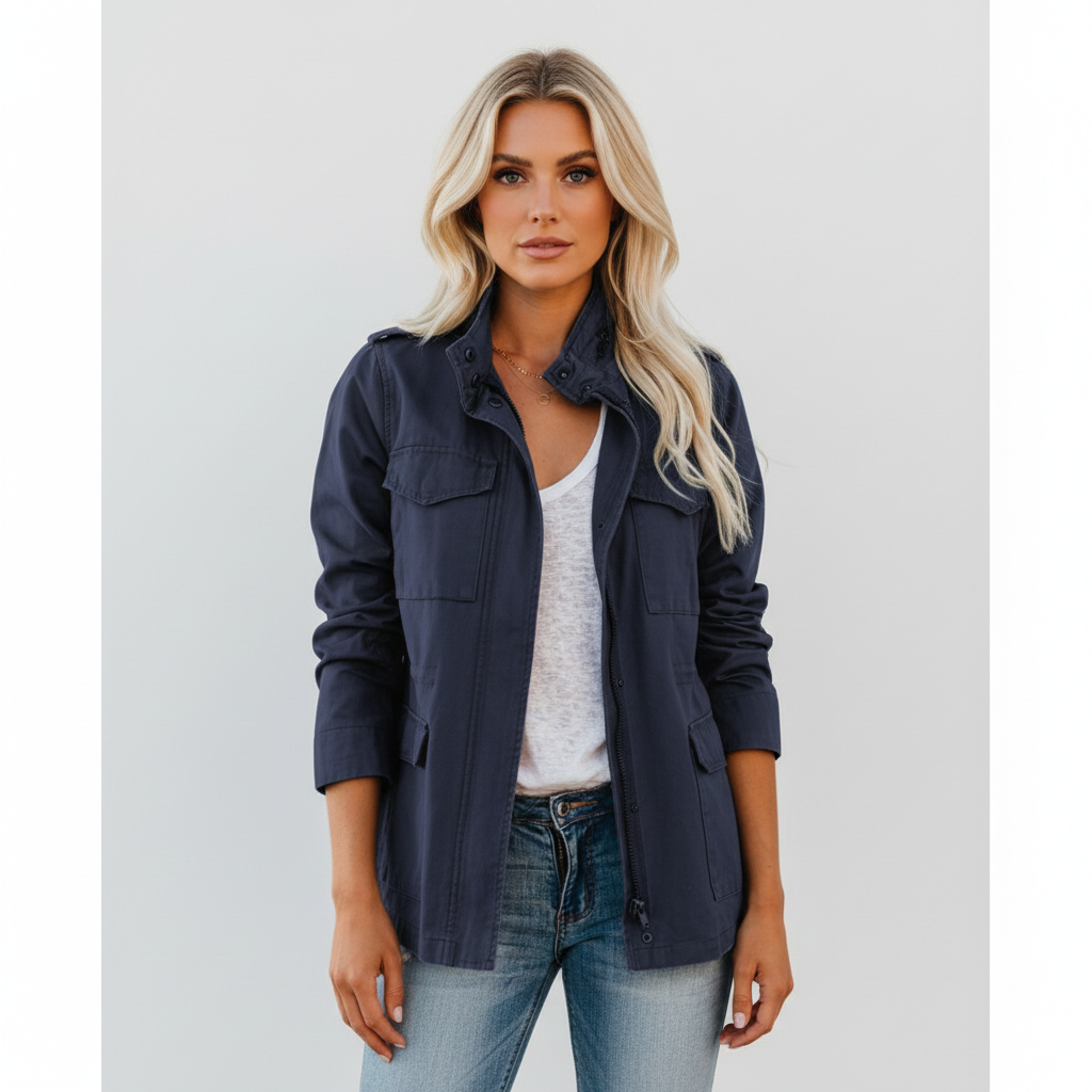 Close-up of the lightweight transitional jacket fabric and tailored collar detail.