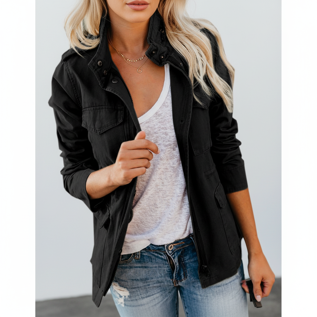 Back view of the women's casual outerwear showing the flattering tailored fit.