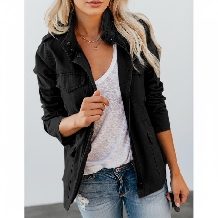Back view of the women's casual outerwear showing the flattering tailored fit.