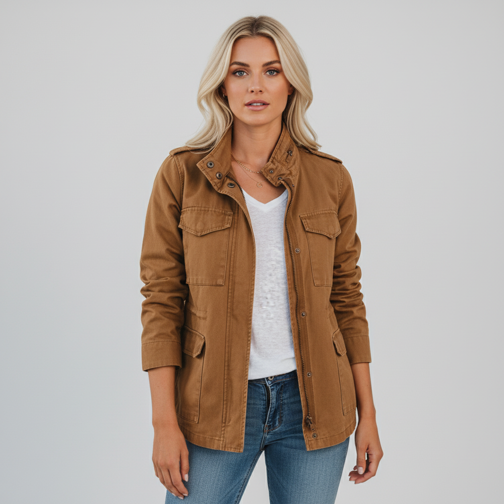 Model wearing fall fashion utility jacket styled with everyday casual wear.
