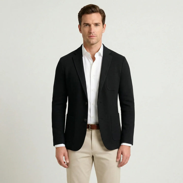Detailed shot of the lapel and button closure on a mens fashion casual blazer