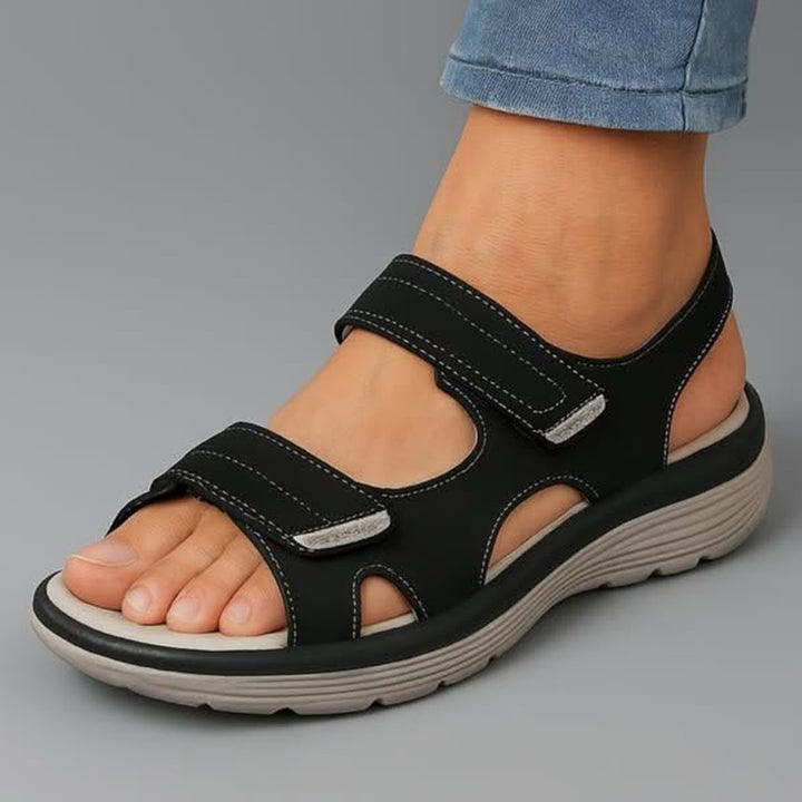 Close-up of durable traction outsole on women's comfort sandals for slip-resistant steps