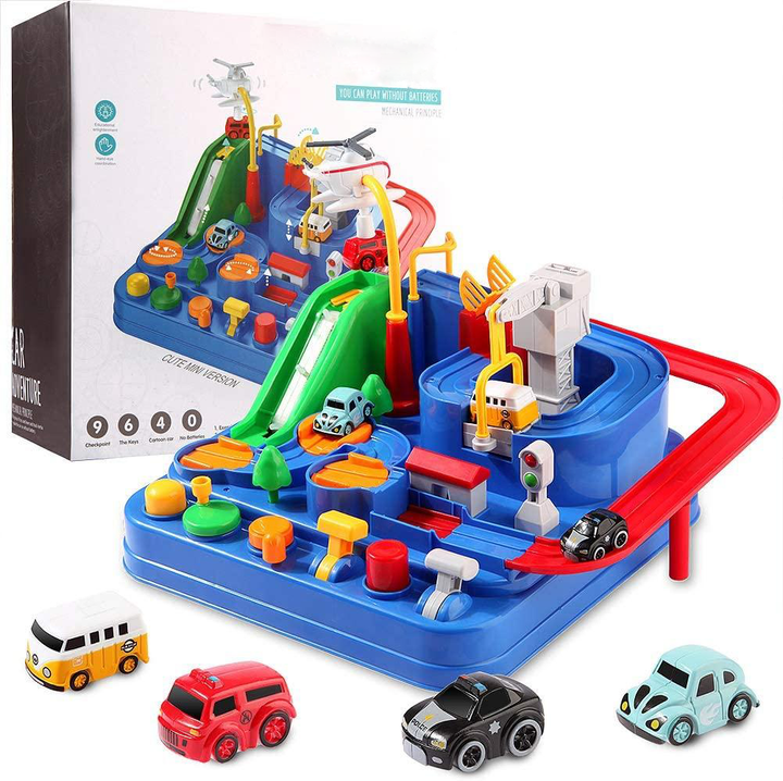 Close up of mechanical puzzle controls on kids car adventure toy