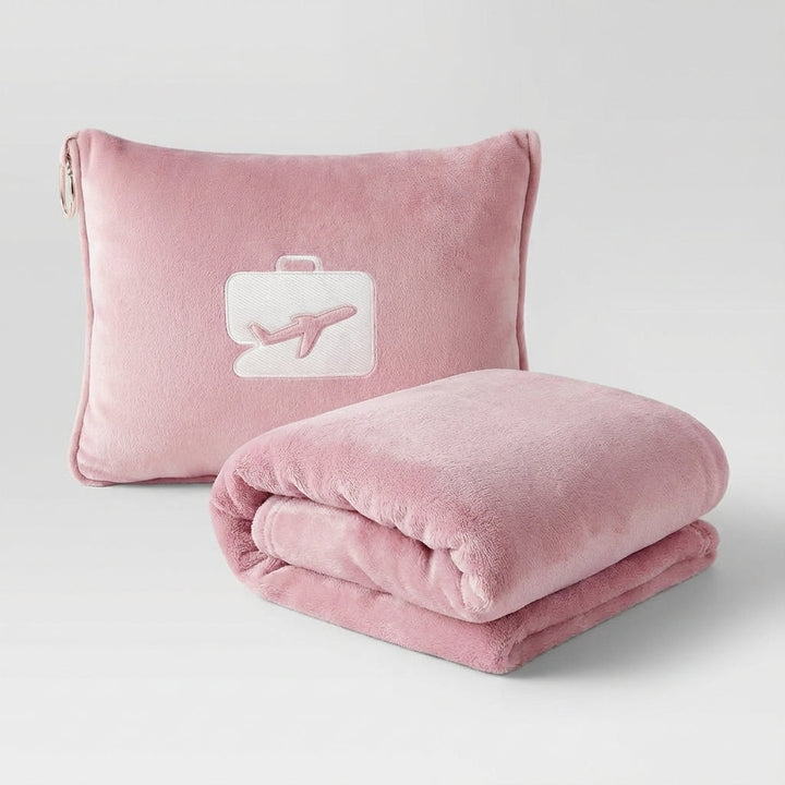Cozy travel blanket and neck support pillow set for comfortable flights