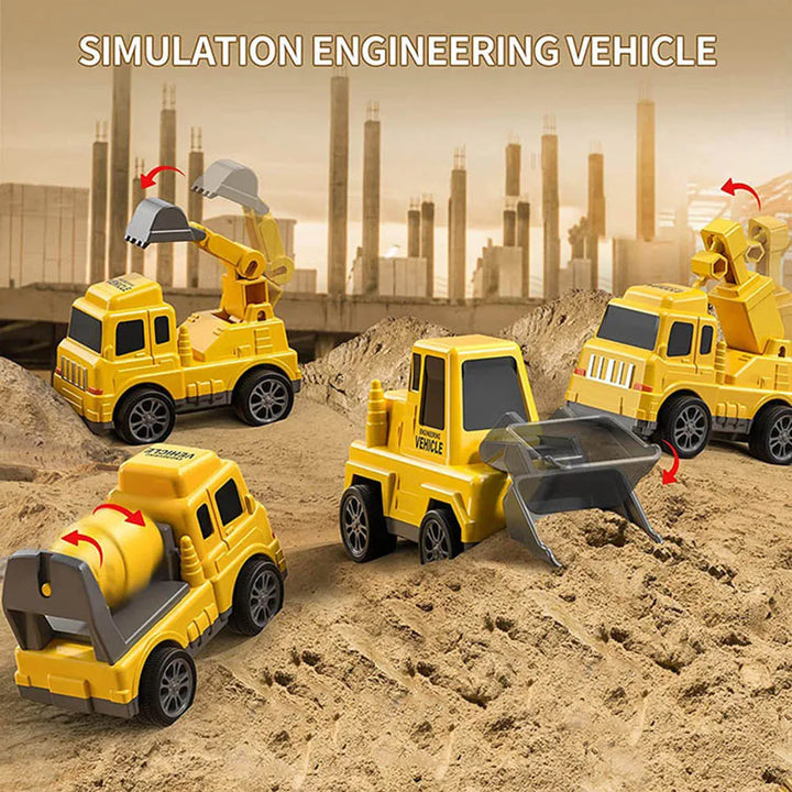 Colorful kids toy truck transport set with yellow, blue, and red vehicles for imaginative play