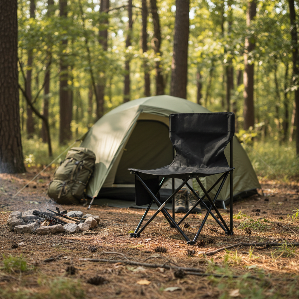 Black folding camping chair set up outdoors near a tent in the forest