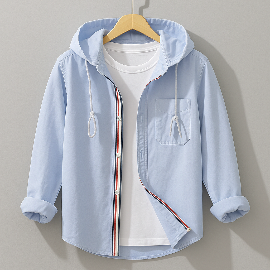 Front view of a light blue button-up hooded shirt hanging on a hanger over a white t-shirt